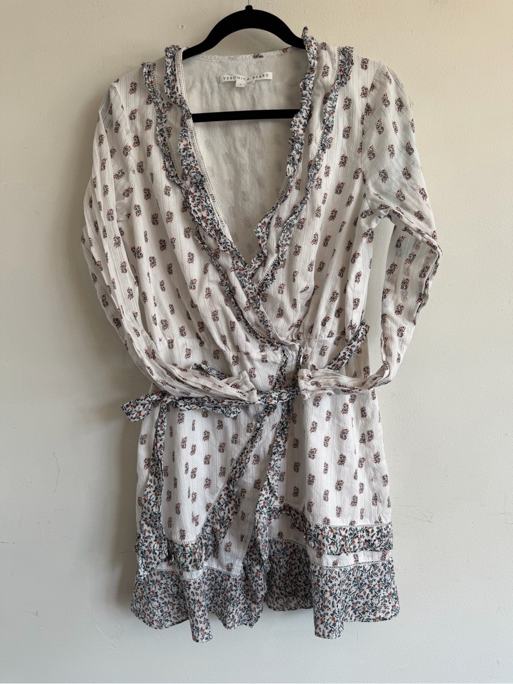 Veronica Beard White Floral Mini Wrap Dress with Pink-Brown Print